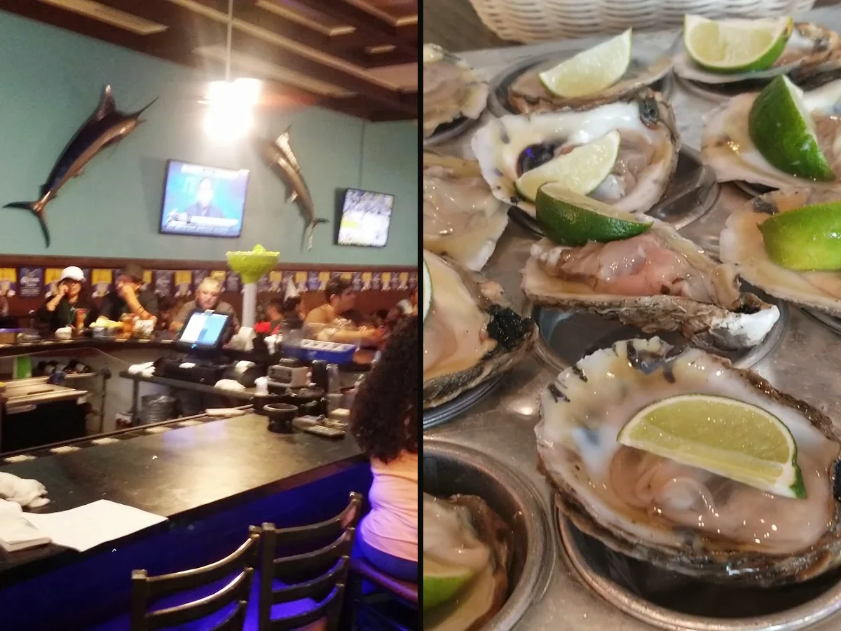 Seafood plates on a casual restaurant table.