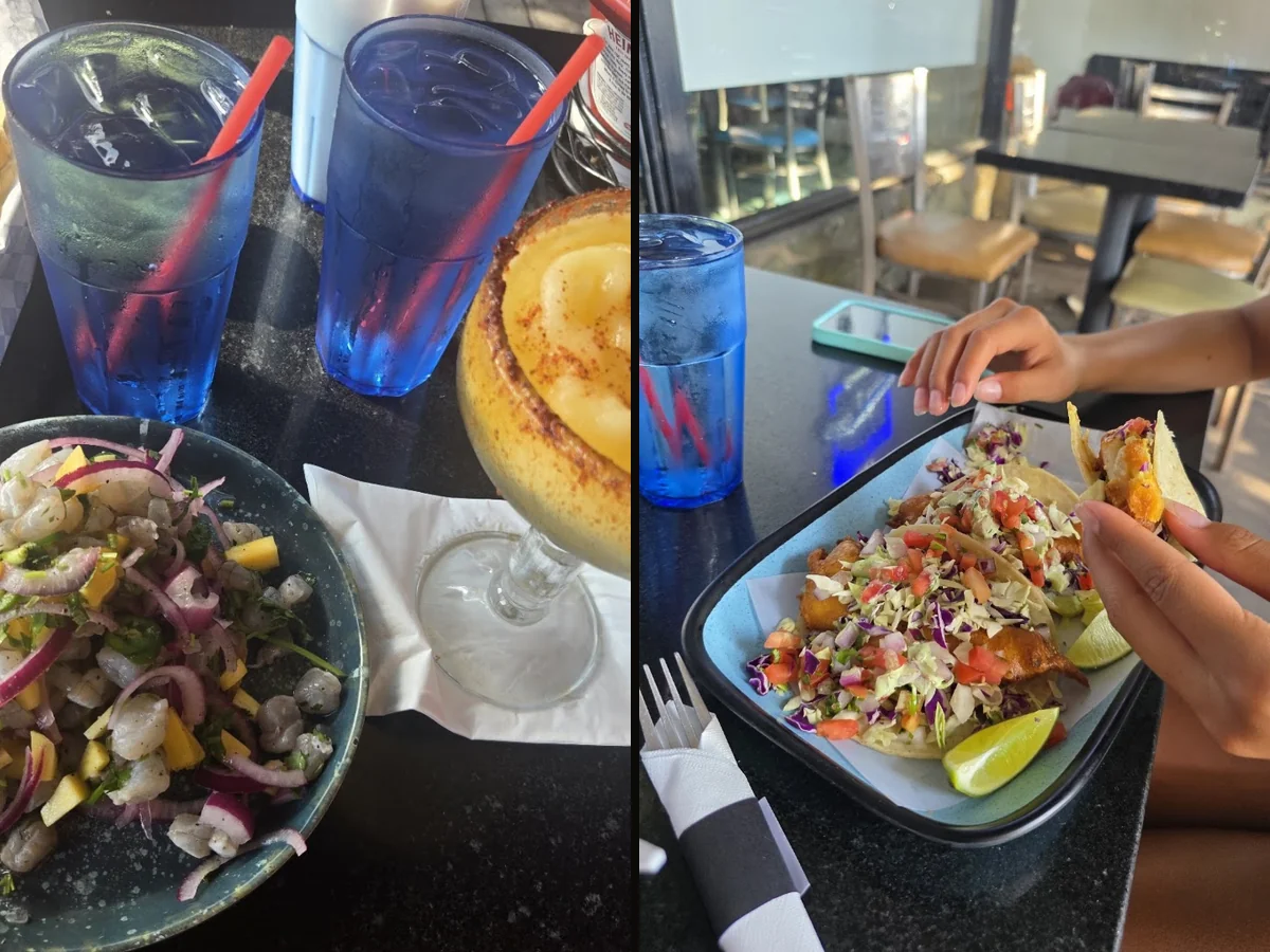 Seafood plates on a casual restaurant table.